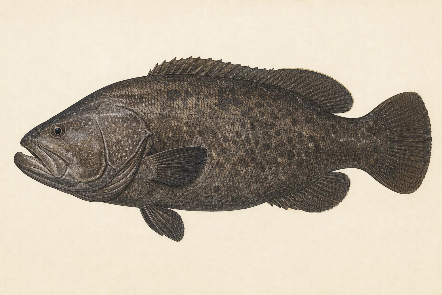 Scientific anatomy plate of Giant Sea Bass (Black Seabass)