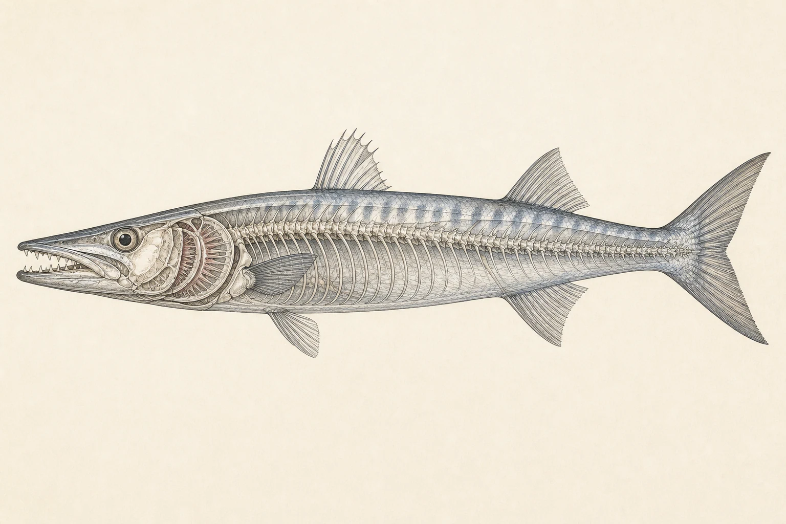 Scientific anatomy plate of Pacific Barracuda