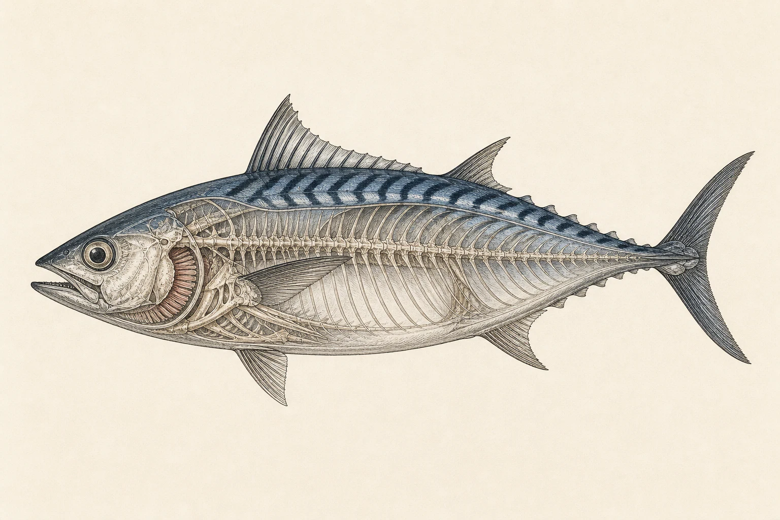 Scientific anatomy plate of Pacific Bonito